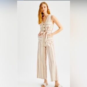 Monteau Women's Cream Linen Blend Pinstripes Jumpsuit, Size M SKU 316